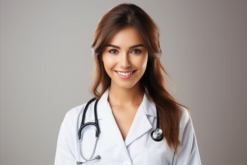 Smiling female doctor with stethoscope on grey background, healthcare concept, positive image.