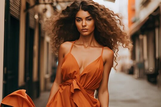 A woman with voluminous curly hair and an orange dress poses confidently on a city street, her presence commanding attention.