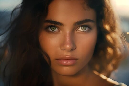 Close-up of a young woman with green eyes and wavy hair, her gaze intense, highlighted by soft sunset light.