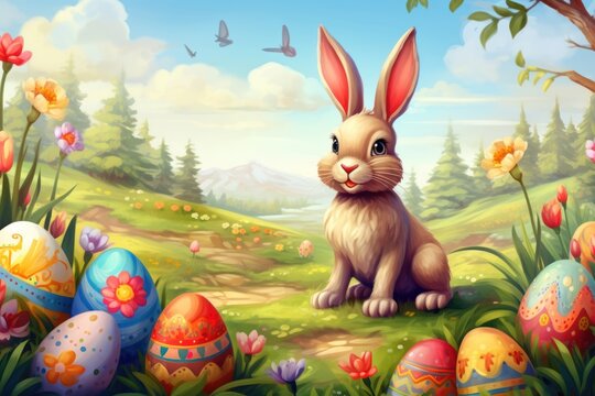 Easter bunny and Easter eggs on green grass. Generative ai image