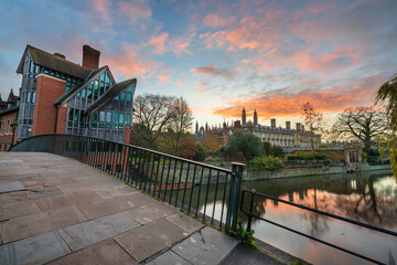 Beautiful autumn scenery of Cambridge near river Cam at sunrise. England 