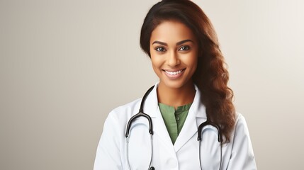 Smiling female doctor with stethoscope on grey background, representing healthcare concept