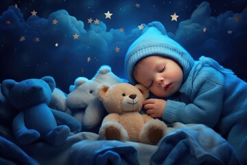a baby is sleeping in his blue blanket with bears - obrazy, fototapety, plakaty