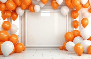 a blank frame with orange balloons is set up
