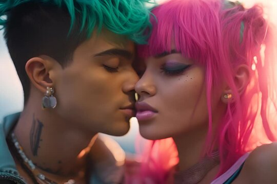 Two people with colorful hair share an intimate moment, their foreheads touching, eyes closed, and a tender expression on their faces.