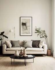 Poster mockup, poster in the room, frame on the wall, blank billboard in the room, modern living room with sofa