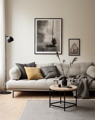 Poster mockup, poster in the room, frame on the wall, blank billboard in the room, modern living room with sofa