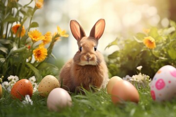 Fototapeta na wymiar Easter bunny and Easter eggs on green grass. Generative ai image