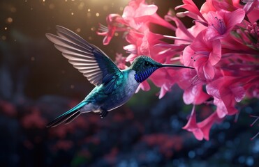 Obraz premium a blue bird flying among red and white flowers