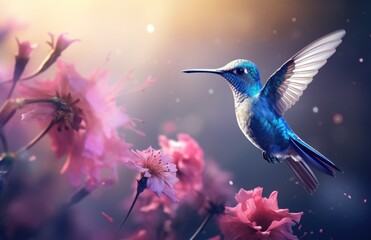 a blue bird flying among red and white flowers