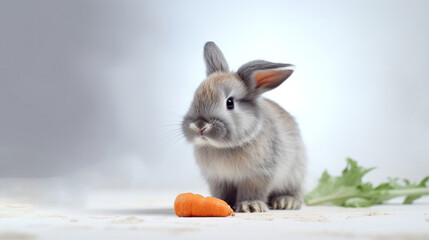 Grey Rabbit with Fresh carrot and lettuce on light gradient background. Cute fluffy bunny. Easter concept. Ideal for pet food advertisements, educational content, veterinary or animal care promotions.