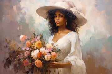 Fototapeta na wymiar Pretty Young African American woman in dress and hat with flowers. Portrait in style of oil painting. Noble lady of 18th century. For Postcard, greeting, wall decor, print. International Womens Day.