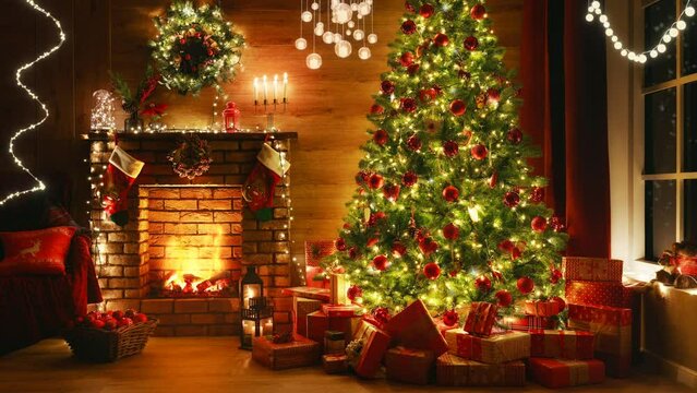 Beautiful holiday interior with fireplace and Christmas tree. Garlands. Candles. Gifts. Christmas Eve. Snowfall outside the window. Night, Evening. Looped video, 4K.