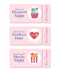Valentine’s day voucher collection. Love coupons for movie, date, dessert night. Personalized messages with love elements. Heart candy, popcorns, cupcake. Vector illustration.