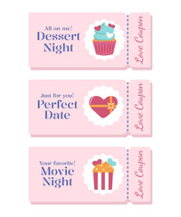 Valentine’s day voucher collection. Love coupons for movie, date, dessert night. Personalized messages with love elements. Heart candy, popcorns, cupcake. Vector illustration.