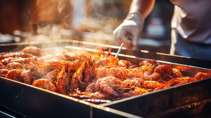 Naklejka premium Skilled chef cooking tiger prawn on modern kitchen counter with blurred background and text space