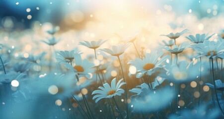 Obraz na płótnie Canvas a flower field with rain and beautiful white daisies