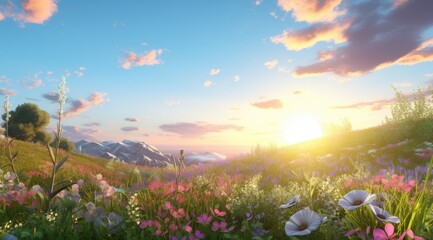 Fototapeta na wymiar a grassy field and flowers overlooking the sunrise