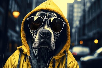 stylish dog in a yellow, orange jacket and sunglasses on a dark background. fashionable pet. brutal puppy - obrazy, fototapety, plakaty