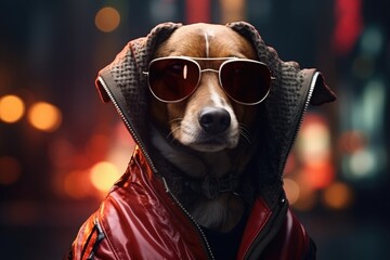 stylish dog in a red jacket and sunglasses on a dark background. fashionable pet. brutal puppy - obrazy, fototapety, plakaty
