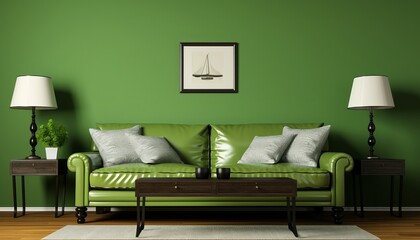 Contemporary and stylish living room interior with green tone colors and artistic wall decorations