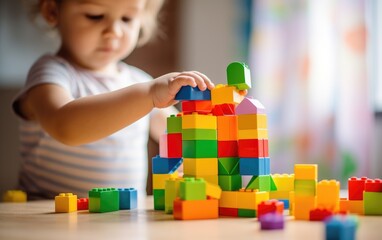 A child plays with building block toys in its own room