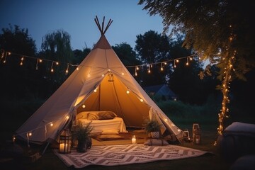 a teepee tent filled with candles is set up in the night
