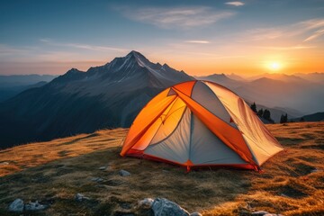 a tent is pitched in the mountains and the sun is shining