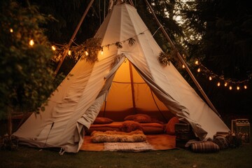 a tipi tent sitting on grass filled with tree branches