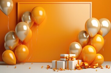an orange background with a frame and balloons