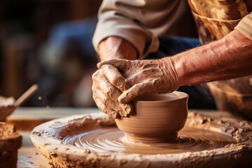 Hands of a potter making a clay pot, close-up. modern traditional, craft, craft, cultural. historical crafts