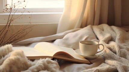 Cozy winter weekend morning with fluffy slippers, - obrazy, fototapety, plakaty