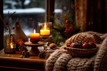 Fototapeta na wymiar Cozy dinner, rustic decor, candles, and the joy of festive winter flavors