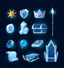 Game artefact set. Vector winter online game icons with star, ice crystal, award, crown, sled, shield, treasure chest, rune. Casino UI slot badge kit and mobile app element. RPG inventory badge