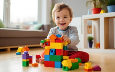 A child plays with building block toys in its own room