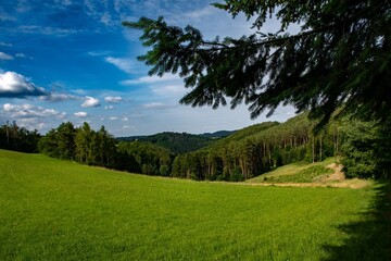 Fototapeta na wymiar Rural Landscape With Pastures And Forests In The Region Waldviertel In Austria
