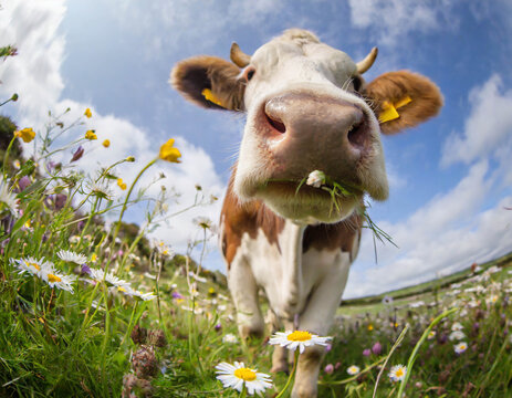 Funny cow on the meadow with wildflowers, close up, fish-eye effect