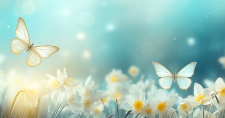 Fototapeta na wymiar daffodils and butterflies on a yellow grass
