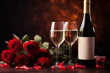 Fototapeta na wymiar Valentine's Day background featuring wine, roses, and space for intimate messages