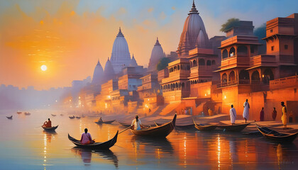 Oil painting on canvas, Ancient Varanasi city architecture at sunrise with view of sadhu baba enjoying a boat ride on river Ganges. India. - obrazy, fototapety, plakaty