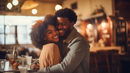 Portrait of a beautiful young black lovers hugging, smiling and loving each other. A couple of men and a woman in love celebrate Valentine's Day in a cozy cafe. The concept of romantic relationships. - obrazy, fototapety, plakaty