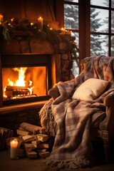 Fototapeta na wymiar Cozy winter background with a crackling fireplace, plush blankets