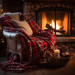 Obraz na płótnie Canvas Cozy winter background with a crackling fireplace, plush blankets