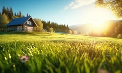 Schilderijen op glas green grass in the field with a house in the background © olegganko