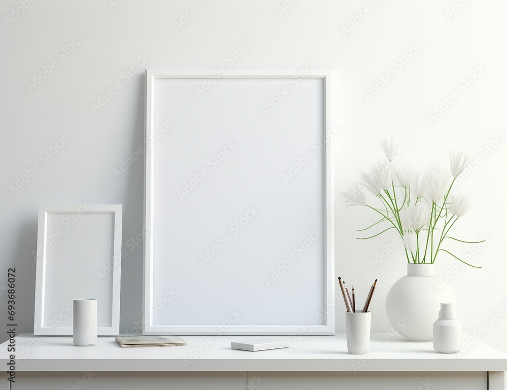 Poster Poster mockup, poster in the room, frame on the wall, blank billboard in the room, white room with white wall and window