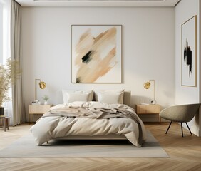 Poster mockup, poster in the room, frame on the wall, blank billboard in the room, interior of bedroom