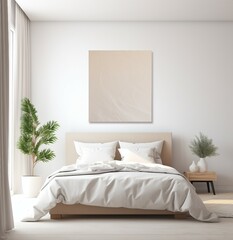 Poster mockup, poster in the room, frame on the wall, blank billboard in the room, interior of bedroom with bed