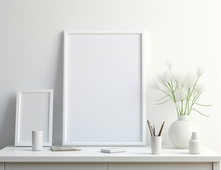 Poster mockup, poster in the room, frame on the wall, blank billboard in the room, white room with white wall and window