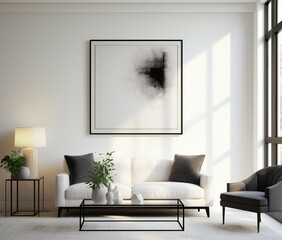 Poster mockup, poster in the room, frame on the wall, blank billboard in the room, modern living room with sofa