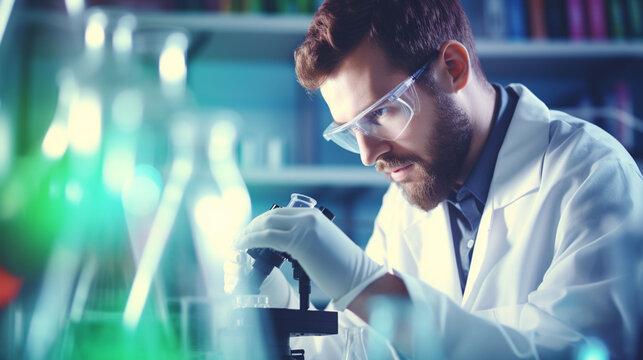 Gros plan sur un scientifique, biologiste dans un laboratoire. &Eacute;quipement m&eacute;dical, bact&eacute;rie, labo, microscope. H&ocirc;pital, m&eacute;decine, sant&eacute;. Pour conception et cr&eacute;ation graphique.